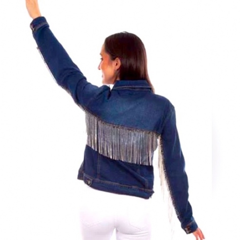 Rhinestone Fringe Denim Jacket Western Cowgirl Festival Boho Swifty Ranch M